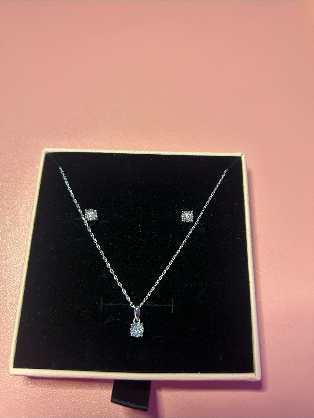 Sterling Silver Diamond Necklace and Stud Earring Set - White
